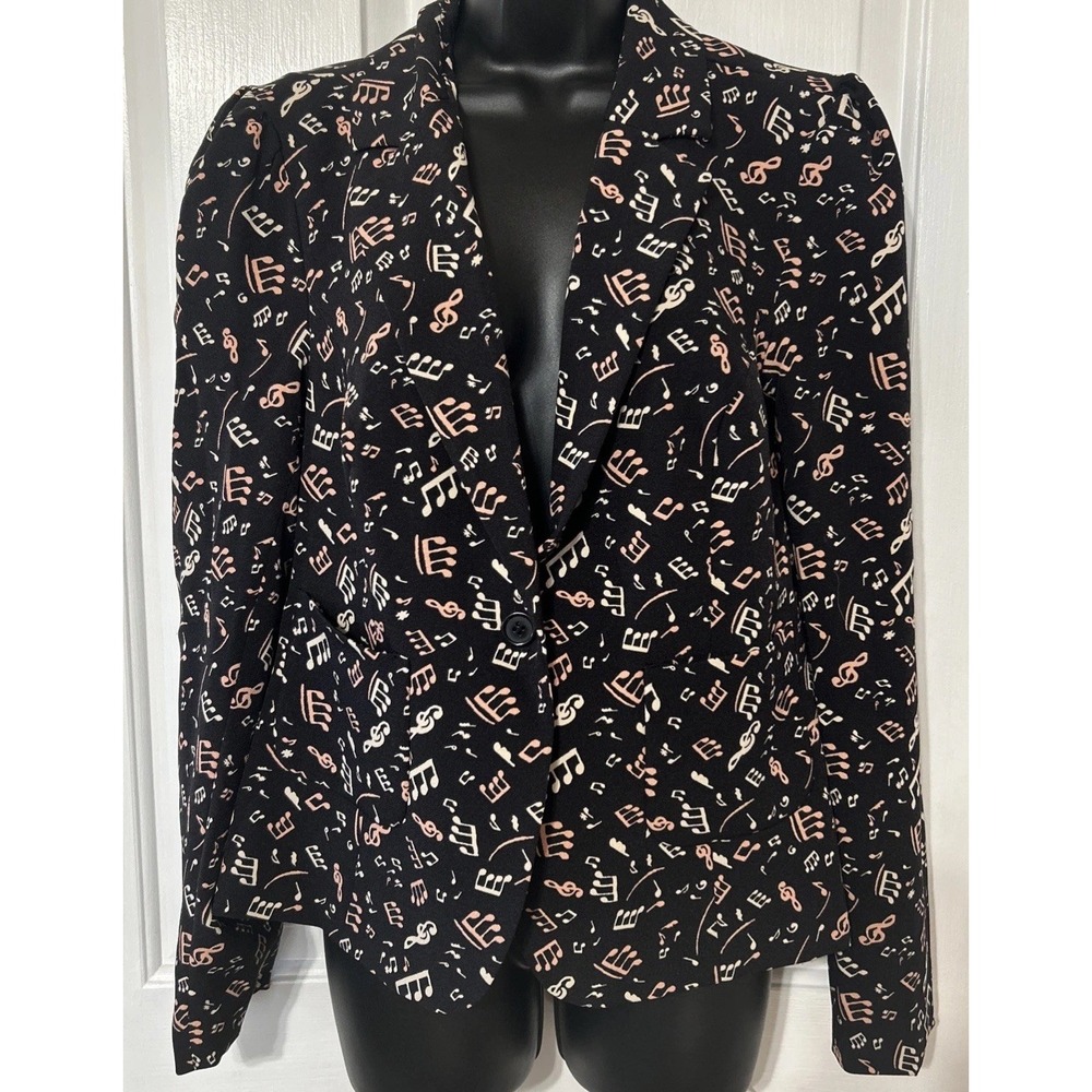 Modcloth Music Note Jazz Print‎ Short Lined Black Blazer Jacket Size L Tiered